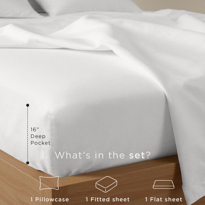 Threadmill Cotton Twin XL Sheet Set | 100% Cotton Sheets for Twin XL Size Bed | Solid Sateen Bed Sheets Set with 16â€ Deep Pocket | Soft Breathable 3-Piece Cooling Sheet Set | White - Image 3